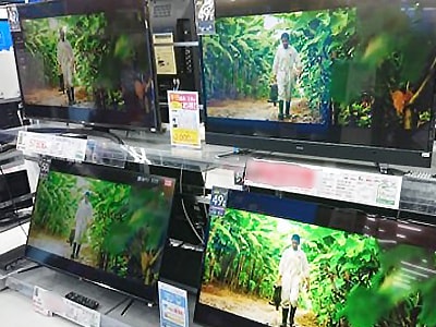 家電量販店テレビ売り場テレビモニターでのバナナ生産過程の放映事例3