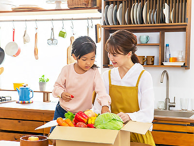 働くママに向けた食材宅配サービス商品パッケージへの通信教育講座案内チラシ同梱サンプリング事例3